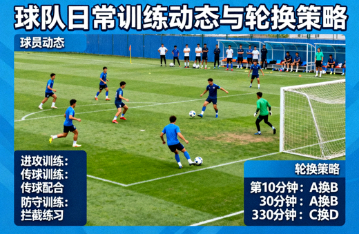 球队在训练场进行日常训练，球员动态与轮换策略配图